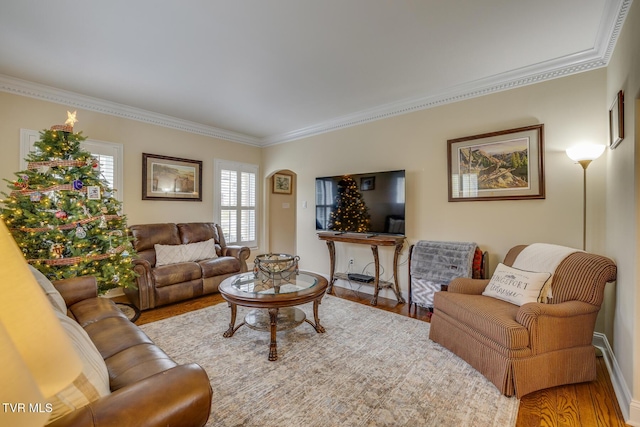 living room featuring hardwood / wood-style flooring and ornamental molding