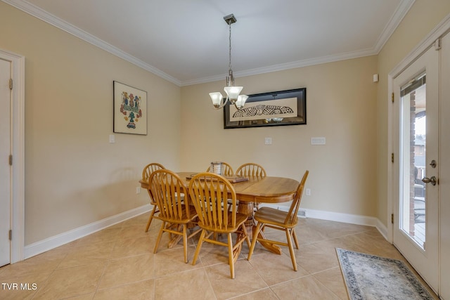 tiled dining area with crown molding and a chandelier