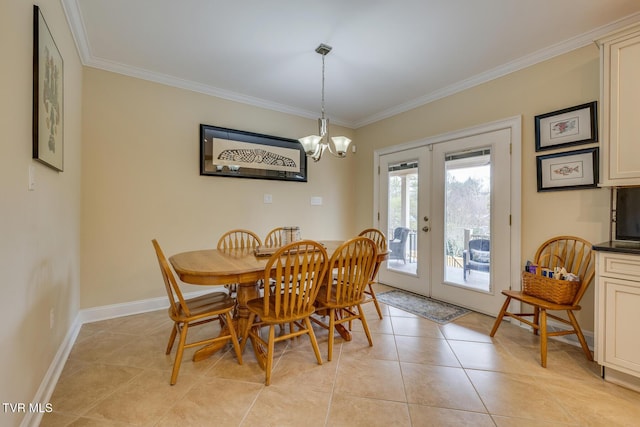 tiled dining area featuring french doors, an inviting chandelier, and crown molding