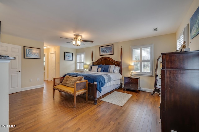 bedroom featuring ceiling fan and light wood-type flooring