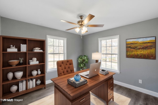 office area with ceiling fan, light hardwood / wood-style flooring, and a healthy amount of sunlight