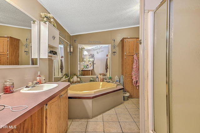 bathroom with tile patterned floors, ornamental molding, vanity, a textured ceiling, and lofted ceiling