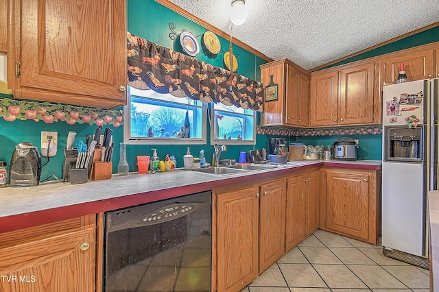 kitchen featuring white refrigerator with ice dispenser, sink, vaulted ceiling, light tile patterned floors, and black dishwasher