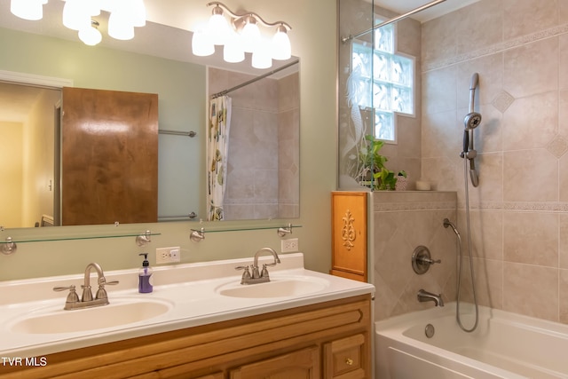 bathroom featuring shower / bath combination with curtain and vanity