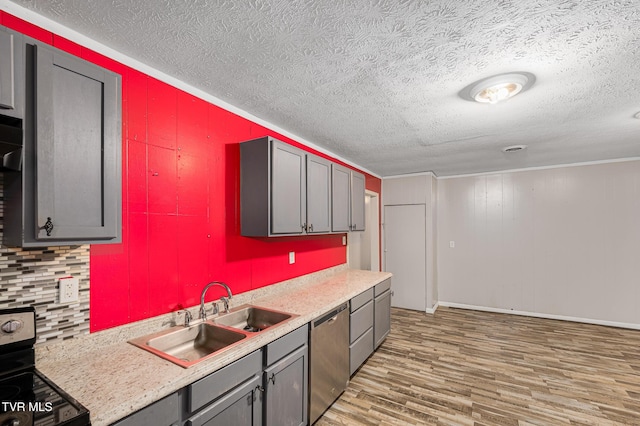 kitchen with sink, wood-type flooring, dishwasher, gray cabinets, and range with electric stovetop