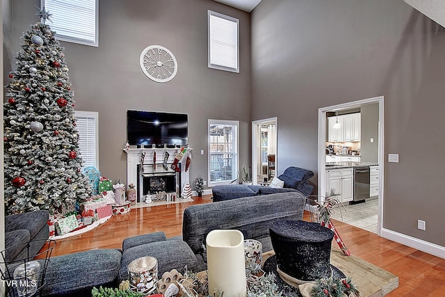 living room with plenty of natural light and a towering ceiling