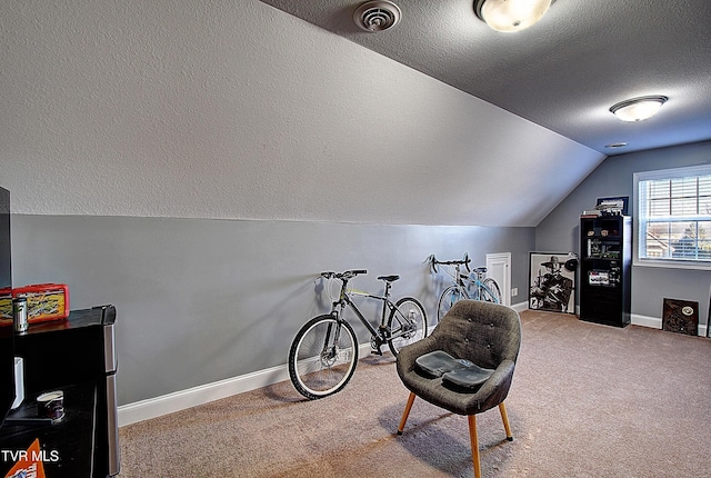 rec room featuring carpet, a textured ceiling, and vaulted ceiling