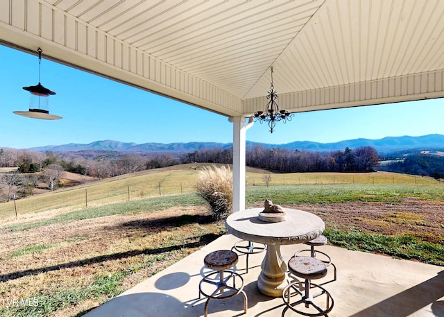 view of patio / terrace featuring a rural view and a mountain view