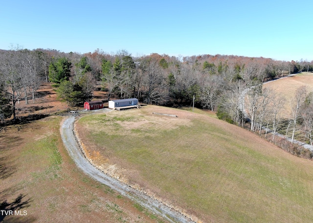 birds eye view of property featuring a rural view and a forest view