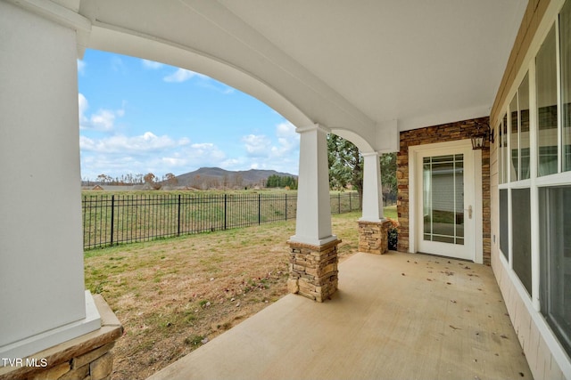 view of patio with a mountain view