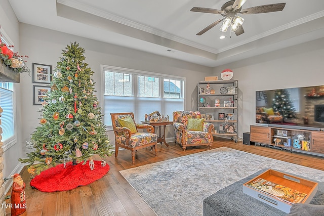 living area featuring a raised ceiling, ceiling fan, wood-type flooring, and ornamental molding