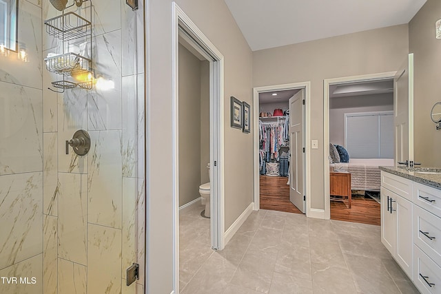 bathroom with hardwood / wood-style flooring, vanity, toilet, and a tile shower