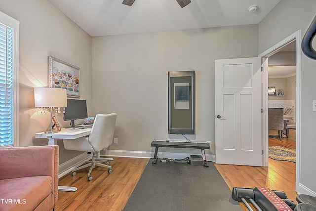 office with hardwood / wood-style flooring and ceiling fan