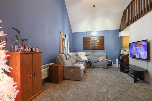 carpeted living room featuring high vaulted ceiling