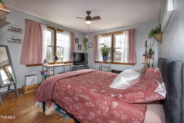 bedroom featuring multiple windows, wood-type flooring, and ceiling fan