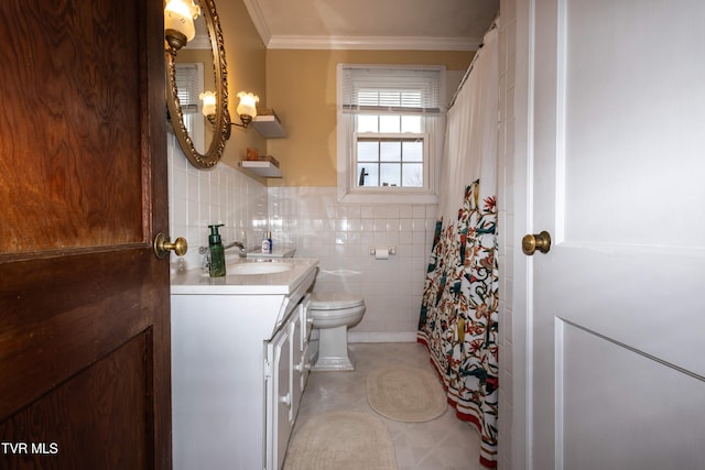 bathroom featuring ornamental molding, vanity, tile walls, tile patterned flooring, and a chandelier