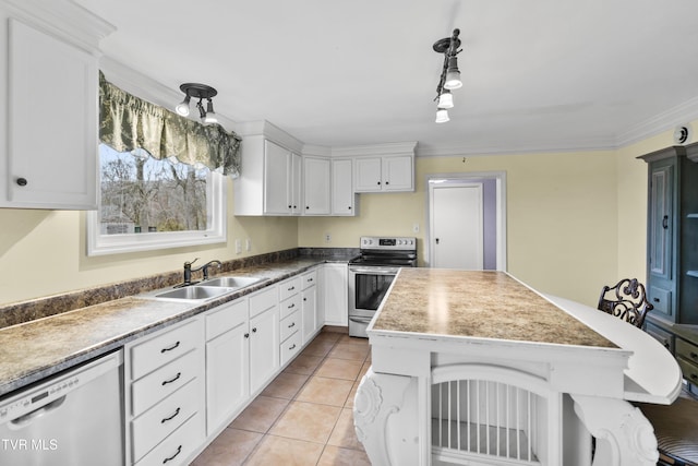 kitchen featuring white cabinets, stainless steel electric range, dishwasher, and sink