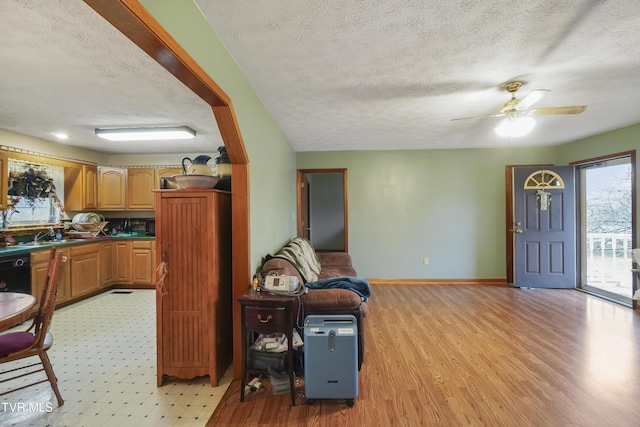 interior space with ceiling fan, sink, a textured ceiling, and light hardwood / wood-style flooring