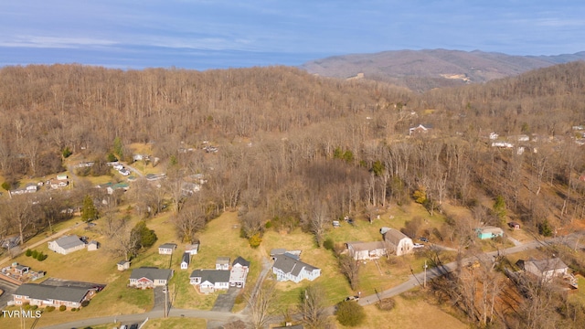 drone / aerial view with a mountain view and a view of trees