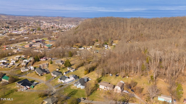 drone / aerial view with a residential view and a view of trees