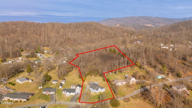 aerial view with a wooded view and a mountain view