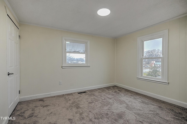 spare room featuring carpet floors and a textured ceiling