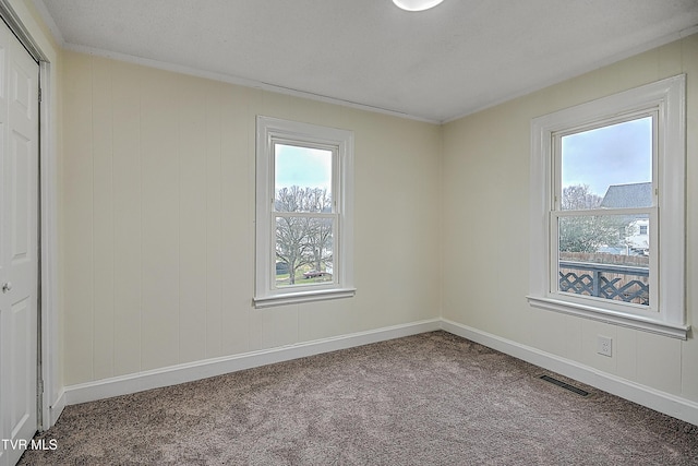 carpeted spare room with ornamental molding