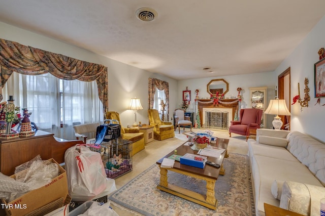 living room featuring light carpet