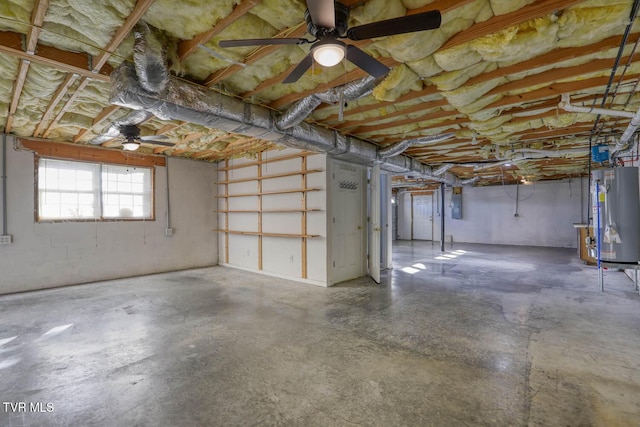 basement featuring electric panel and gas water heater