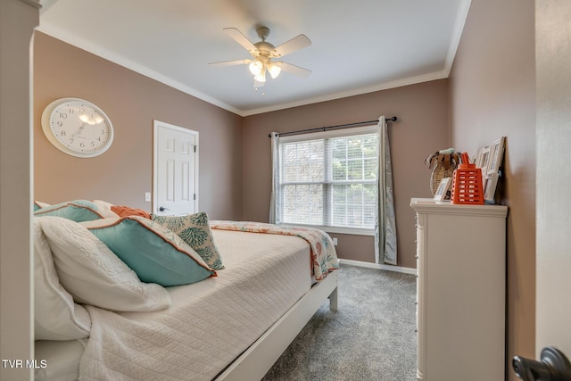 bedroom featuring carpet, ceiling fan, and crown molding