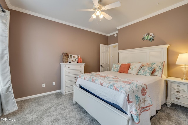 bedroom featuring ceiling fan, light colored carpet, and ornamental molding