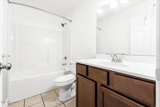 full bathroom featuring shower / tub combination, tile patterned flooring, vanity, and toilet