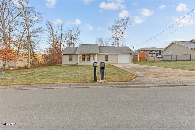 single story home featuring a front yard and a garage