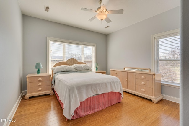 bedroom with visible vents, light wood-style flooring, and baseboards