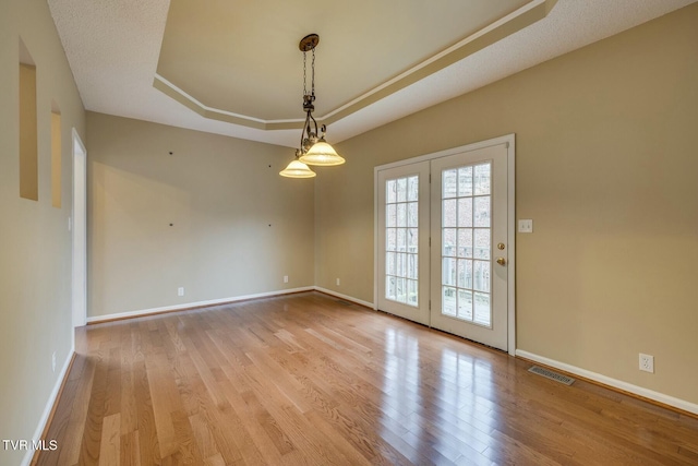 spare room featuring a raised ceiling and light hardwood / wood-style floors