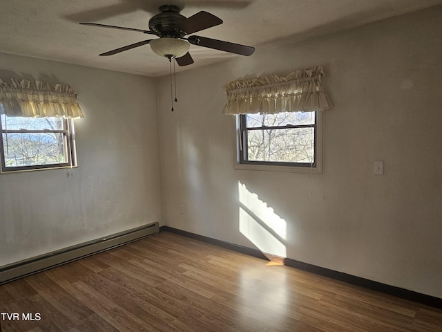 unfurnished room with light hardwood / wood-style floors, baseboard heating, and ceiling fan