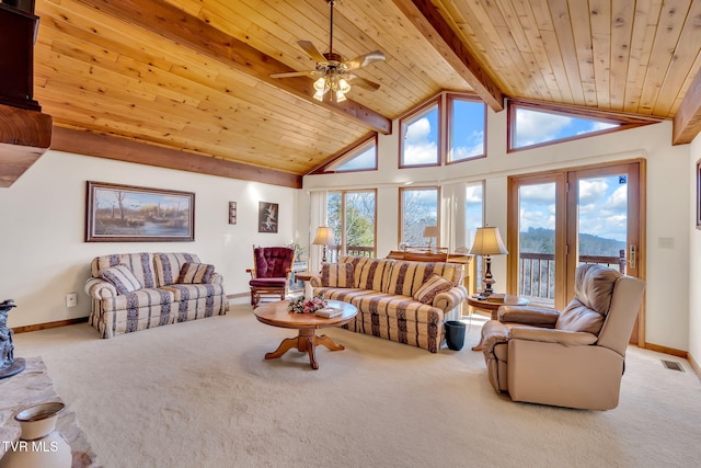 carpeted living room with ceiling fan, beam ceiling, high vaulted ceiling, and wooden ceiling