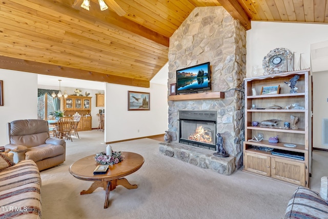 carpeted living room with ceiling fan with notable chandelier, high vaulted ceiling, a fireplace, wooden ceiling, and beam ceiling