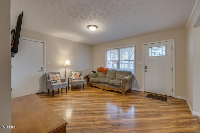 living room featuring hardwood / wood-style flooring and a textured ceiling