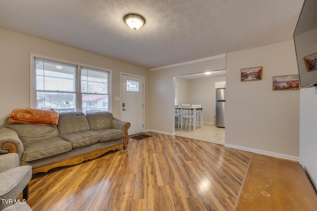 living room featuring light hardwood / wood-style floors and a textured ceiling