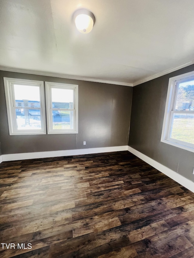 spare room with dark hardwood / wood-style floors and ornamental molding