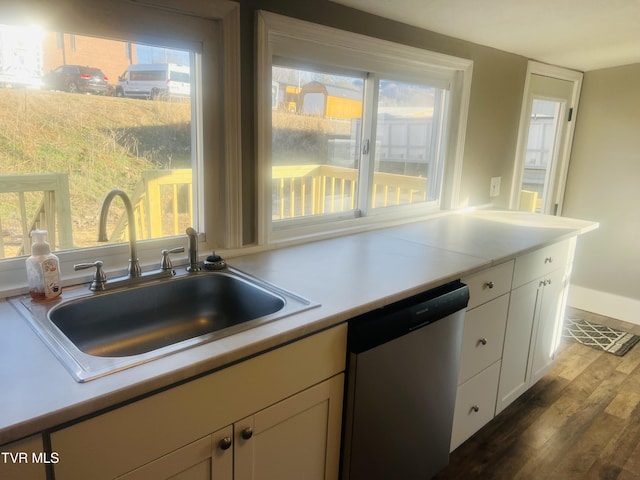 kitchen with dark wood-type flooring, sink, white cabinets, and stainless steel dishwasher