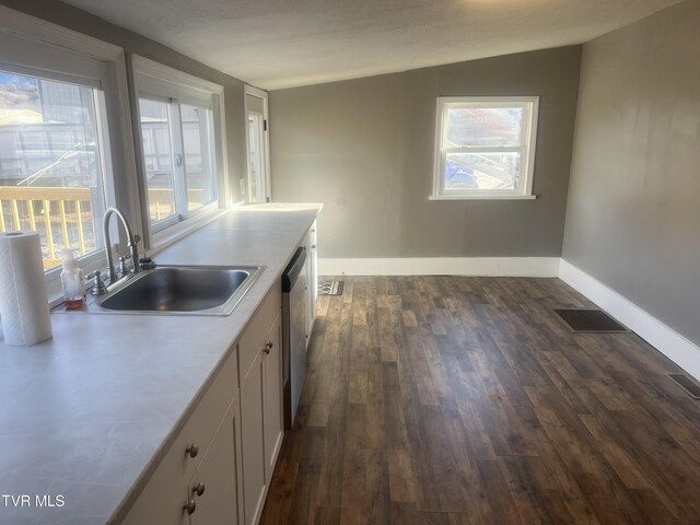 kitchen featuring lofted ceiling, dark hardwood / wood-style flooring, white cabinetry, and sink