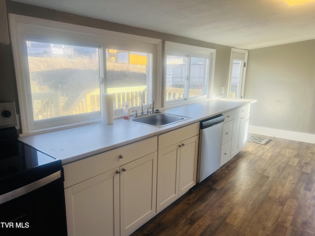 kitchen featuring black electric range oven, sink, stainless steel dishwasher, dark hardwood / wood-style flooring, and white cabinetry