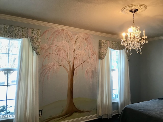 bedroom featuring a chandelier, multiple windows, and ornamental molding