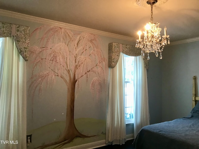 bedroom featuring an inviting chandelier and ornamental molding