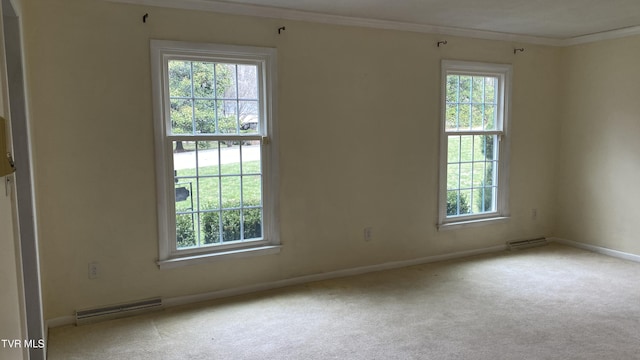 spare room featuring visible vents, carpet, and crown molding