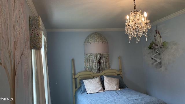 bedroom with ornamental molding and an inviting chandelier