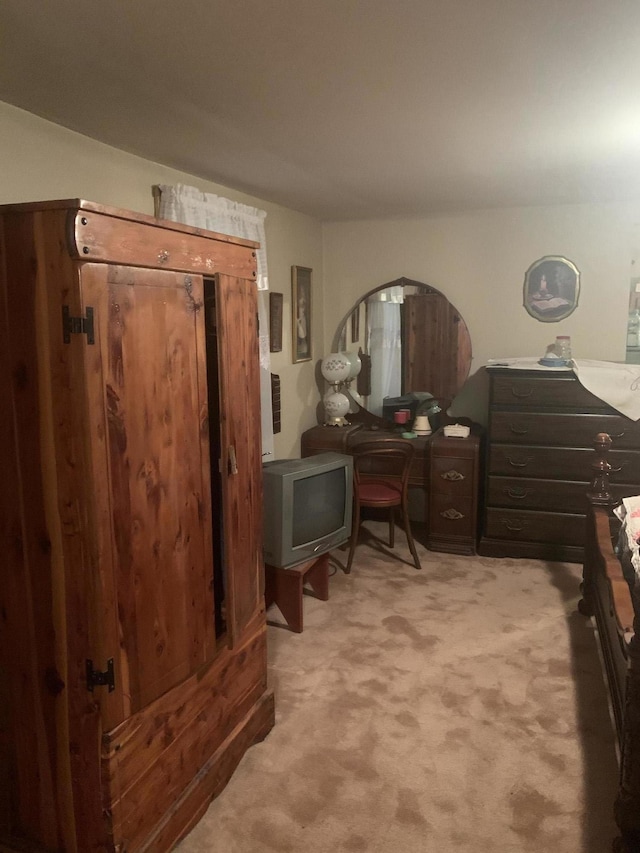 bedroom featuring light colored carpet