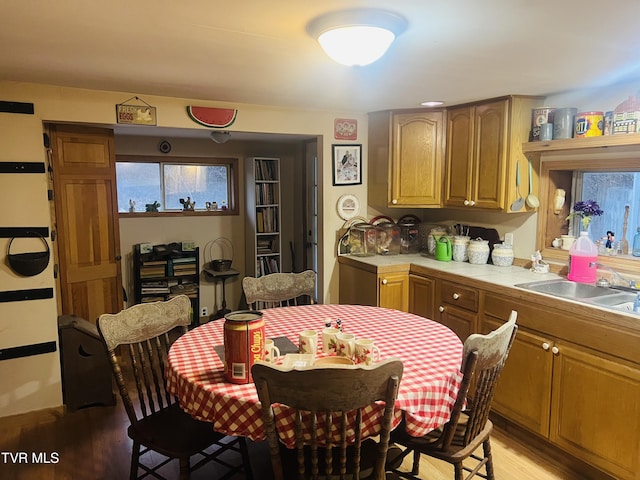 kitchen with sink and light hardwood / wood-style floors